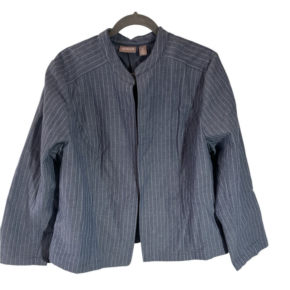 Chico's Women's Open Front Tunic Jacket Size XL/3 Blue & White Sewn Pinstriping